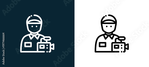 Two-color cameraman outline icon pair in black and white, editable stroke vector illustration for web, mobile apps, UI design, branding, and print from news journal