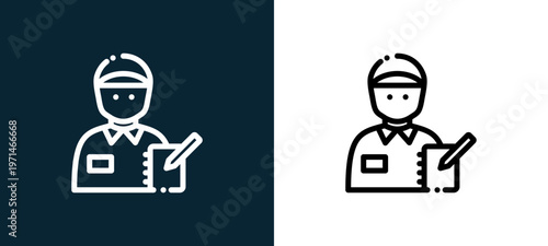 Two-color journalist outline icon pair in black and white, editable stroke vector illustration for web, mobile apps, UI design, branding, and print from news journal