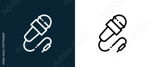 Two-color microphone outline icon pair in black and white, editable stroke vector illustration for web, mobile apps, UI design, branding, and print from news journal