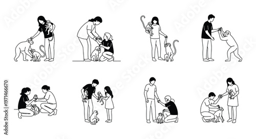 People interacting with monkeys in various black and white illustrations