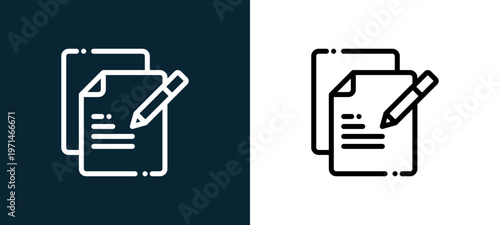 Two-color notes outline icon pair in black and white, editable stroke vector illustration for web, mobile apps, UI design, branding, and print from news journal
