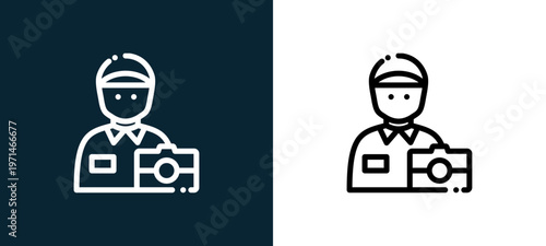 Two-color photographer outline icon pair in black and white, editable stroke vector illustration for web, mobile apps, UI design, branding, and print from news journal