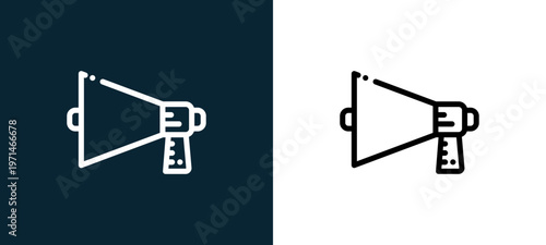 Two-color megaphone outline icon pair in black and white, editable stroke vector illustration for web, mobile apps, UI design, branding, and print from news journal