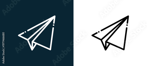 Two-color plane outline icon pair in black and white, editable stroke vector illustration for web, mobile apps, UI design, branding, and print from news journal