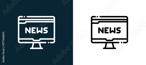Two-color monitor outline icon pair in black and white, editable stroke vector illustration for web, mobile apps, UI design, branding, and print from news journal