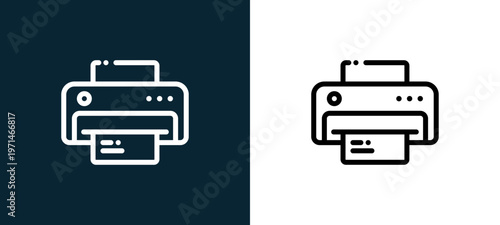 Two-color printer outline icon pair in black and white, editable stroke vector illustration for web, mobile apps, UI design, branding, and print from news journal