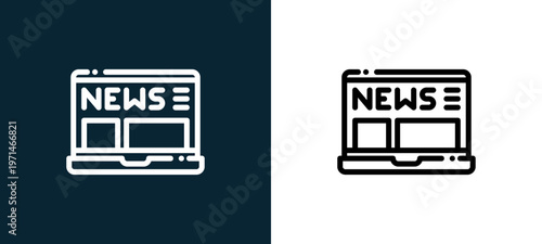 Two-color laptop outline icon pair in black and white, editable stroke vector illustration for web, mobile apps, UI design, branding, and print from news journal