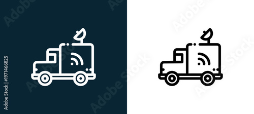 Two-color truck outline icon pair in black and white, editable stroke vector illustration for web, mobile apps, UI design, branding, and print from news journal