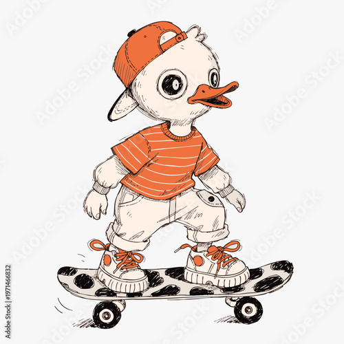 Playful Cartoon Duckling Skateboarding Sportswear Children's Art Style Beige Background Vector