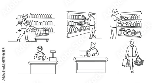 Line art depicts various scenes inside a bustling grocery store