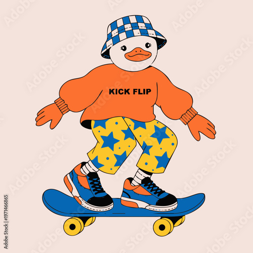 Cute Duck Character In Sportswear Riding Skateboard Kids Book Illustration Beige Background Vector