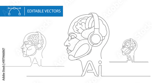 Artificial intelligence line art profile, human brain with headphones continuous line drawing, AI technology concept editable vector set