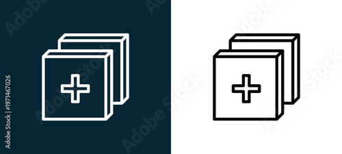 Two-color add outline icon pair in black and white, editable stroke vector illustration for web, mobile apps, UI design, branding, and print from essentials