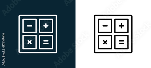 Two-color calculator outline icon pair in black and white, editable stroke vector illustration for web, mobile apps, UI design, branding, and print from essentials