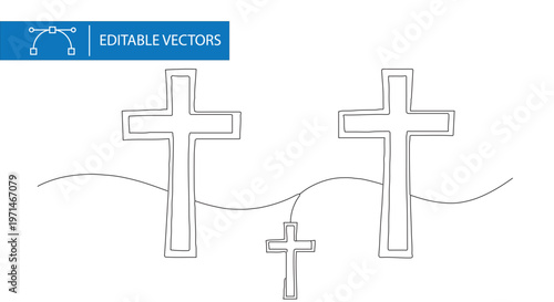 Minimalist continuous line drawing of three Christian crosses, religious faith concept art, editable vector set for church and spiritual design