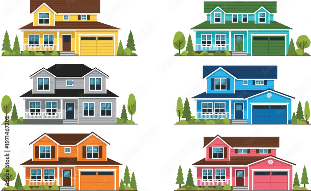 Obraz premium Modern Residential Houses Collection Vector Illustration Set Featuring Colorful Suburban Homes with Garage Trees and Exterior Architecture for Real Estate Design Projects