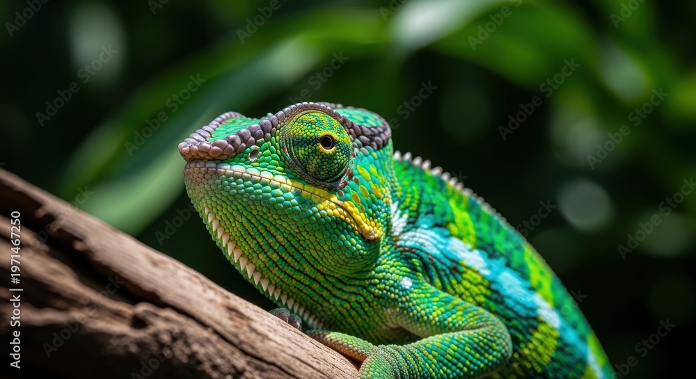 Obraz premium A close-up of a chameleon perched on a branch, its vibrant colors contrasting with the lush green foliage. The chameleon’s unique skin patterns and captivating eyes make it a fascinating subject