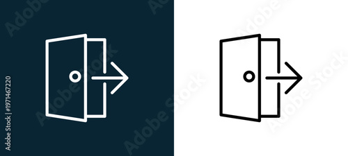 Two-color exit outline icon pair in black and white, editable stroke vector illustration for web, mobile apps, UI design, branding, and print from essentials