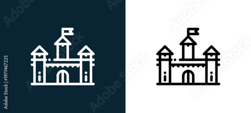 Two-color castle outline icon pair in black and white, editable stroke vector illustration for web, mobile apps, UI design, branding, and print from fair