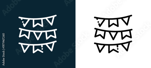 Two-color garland outline icon pair in black and white, editable stroke vector illustration for web, mobile apps, UI design, branding, and print from fair