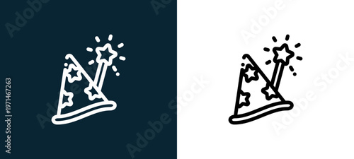Two-color hat outline icon pair in black and white, editable stroke vector illustration for web, mobile apps, UI design, branding, and print from fair