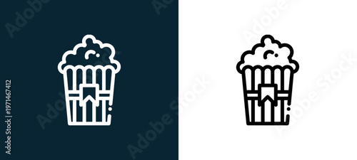 Two-color pop corn outline icon pair in black and white, editable stroke vector illustration for web, mobile apps, UI design, branding, and print from fair