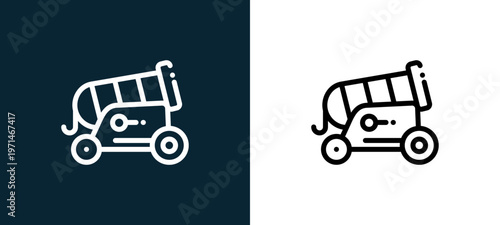 Two-color cannon outline icon pair in black and white, editable stroke vector illustration for web, mobile apps, UI design, branding, and print from fair