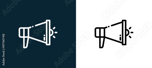 Two-color megaphone outline icon pair in black and white, editable stroke vector illustration for web, mobile apps, UI design, branding, and print from fair