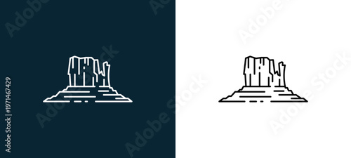 Two-color grand canyon outline icon pair in black and white, editable stroke vector illustration for web, mobile apps, UI design, branding, and print from travelling