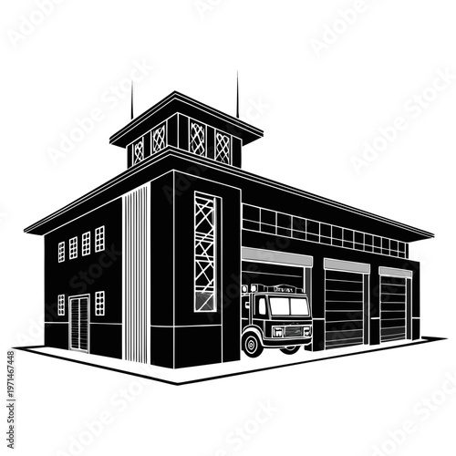 fire station building silhouette with garage doors vector illustration