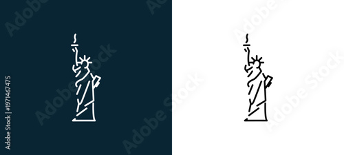 Two-color statue of liberty outline icon pair in black and white, editable stroke vector illustration for web, mobile apps, UI design, branding, and print from travelling