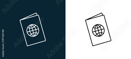 Two-color inclined passport outline icon pair in black and white, editable stroke vector illustration for web, mobile apps, UI design, branding, and print from travelling