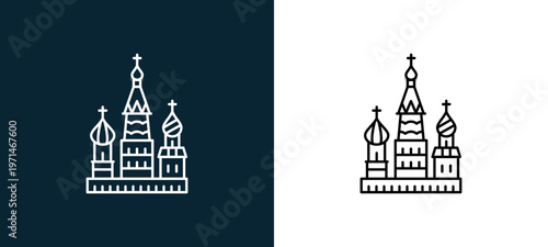 Two-color saint basils cathedral outline icon pair in black and white, editable stroke vector illustration for web, mobile apps, UI design, branding, and print from travelling