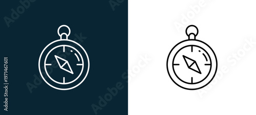 Two-color compass pointing outline icon pair in black and white, editable stroke vector illustration for web, mobile apps, UI design, branding, and print from travelling