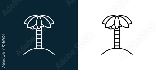 Two-color palm on island outline icon pair in black and white, editable stroke vector illustration for web, mobile apps, UI design, branding, and print from travelling