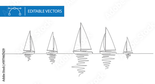 Minimalist continuous line drawing of sailboats on water, elegant nautical yacht regatta vector, simple black and white maritime horizon art
