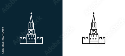 Two-color kremlin outline icon pair in black and white, editable stroke vector illustration for web, mobile apps, UI design, branding, and print from travelling