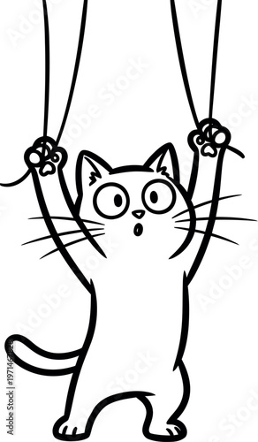 A surprised cartoon cat hanging from strings