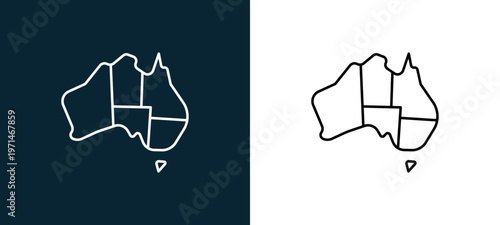 Two-color australia map outline icon pair in black and white, editable stroke vector illustration for web, mobile apps, UI design, branding, and print from travelling
