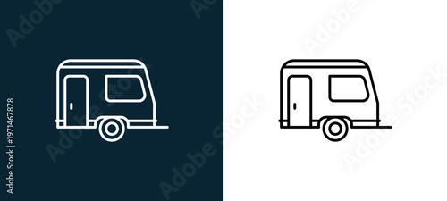 Two-color trailer for travelling outline icon pair in black and white, editable stroke vector illustration for web, mobile apps, UI design, branding, and print from travelling
