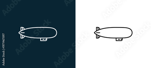 Two-color zeppelin facing right outline icon pair in black and white, editable stroke vector illustration for web, mobile apps, UI design, branding, and print from travelling