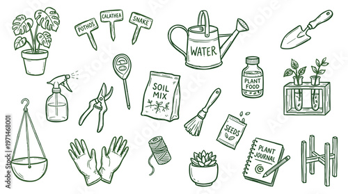 Gardening tools and supplies for plant care and cultivation illustration