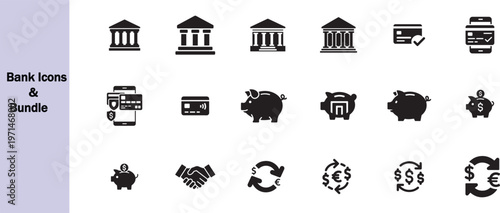 Bank Building Vault Piggy Bank Coin Stack Dollar Sign Checkbook Vector Icons Set, Minimal Black Finance Symbols, Secure Money Savings UI Pack