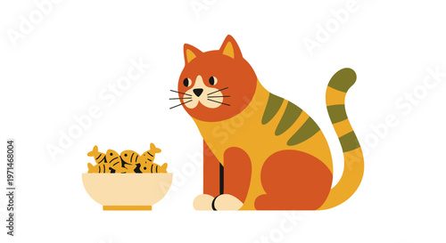Cat with Bowl of Fish Food in a Retro Flat Illustration Style