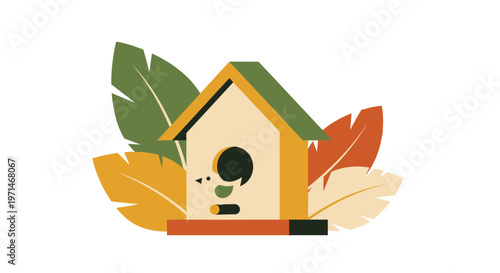 Birdhouse with Colorful Autumn Leaves in Flat Graphic Style Artwork