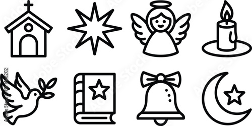 Christmas holiday icon set: religious and festive symbols for celebration