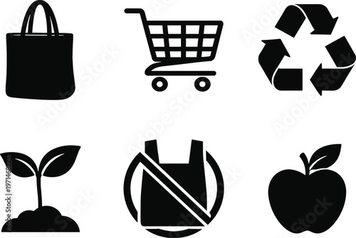 Eco-friendly shopping icons: reusable bag, recycle, and apple for green living