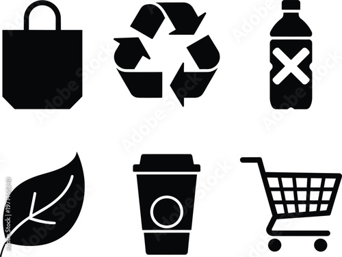 Environmental responsibility icons: recycling, shopping, sustainability, zero waste
