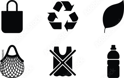 Eco-conscious shopping icons: recycle, string bag, leaf, no plastic bag, bottle