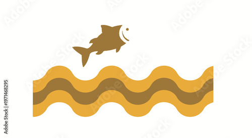 Fish Leaping from Abstract Golden Waves in Retro Style